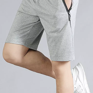 Men's sweat short  elasitc waistband and external string front zipper pockets with zipper puller